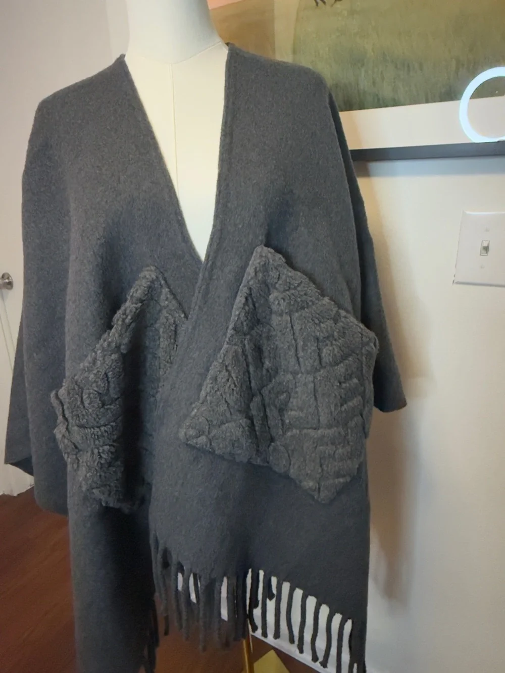 FENDI Roma 100% Wool Fringe Poncho Cape Oversized Pocket One Size